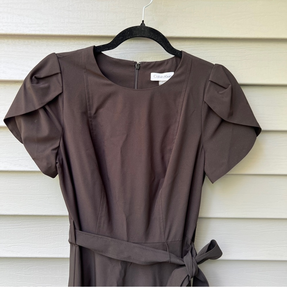 Calvin Klein Tulip Sleeve Fit & Flare Midi Dress Black Women’s 4 Belted Waist - Picture 3 of 16